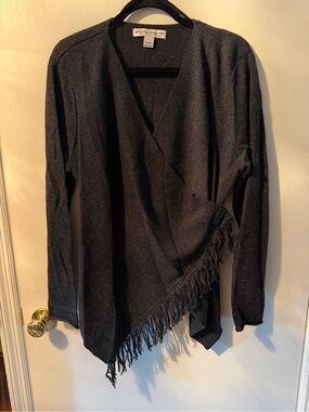 david brooks charcoal wrap sweater with fringe